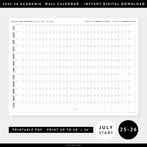 PRINTABLE 2025 - 2026 ACADEMIC WALL CALENDAR (JULY START) | HORIZONTAL - MINIMAL / CLEAR - INSTANT DOWNLOAD