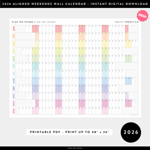 NEW! PRINTABLE 2026 HORIZONTAL WALL CALENDAR WITH ALIGNED WEEKENDS - INSTANT DOWNLOAD PRINT UP TO 48" x 36"
