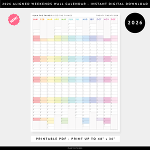 NEW! PRINTABLE VERTICAL 2026 WALL CALENDAR WITH ALIGNED RAINBOW WEEKENDS - INSTANT DOWNLOAD