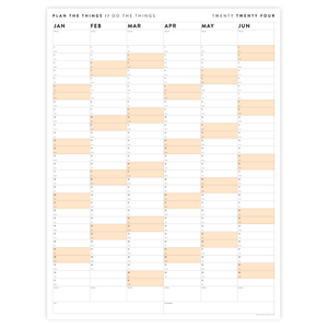 PRINTABLE SIX MONTH 2024 WALL CALENDAR (JANUARY TO JUNE) WITH ORANGE WEEKENDS - INSTANT DOWNLOAD