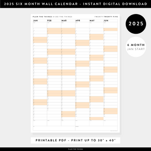 PRINTABLE SIX MONTH 2025 WALL CALENDAR (JANUARY TO JUNE) WITH ORANGE WEEKENDS - INSTANT DOWNLOAD