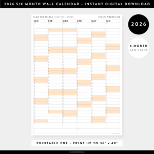 PRINTABLE SIX MONTH 2026 WALL CALENDAR (JANUARY TO JUNE) WITH ORANGE WEEKENDS - INSTANT DOWNLOAD