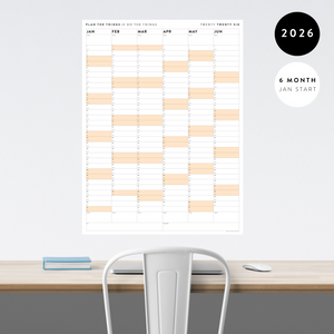 SIX MONTH 2026 GIANT WALL CALENDAR (JANUARY TO JUNE) WITH ORANGE WEEKENDS