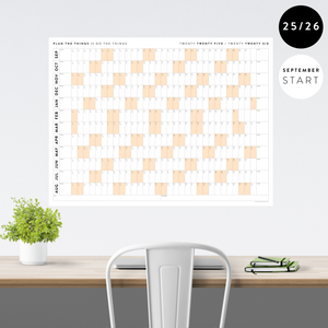 PRINTABLE 2025 - 2026 ACADEMIC WALL CALENDAR (SEPTEMBER START) | HORIZONTAL WITH ORANGE WEEKENDS - INSTANT DOWNLOAD