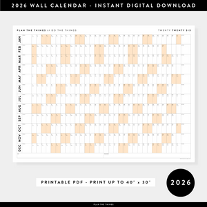 PRINTABLE 2026 HORIZONTAL WALL CALENDAR WITH ORANGE WEEKENDS - INSTANT DOWNLOAD