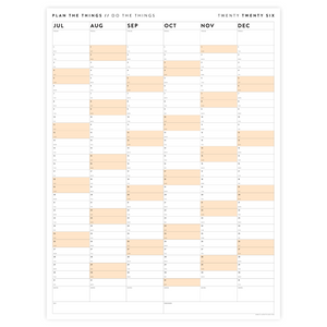 PRINTABLE SIX MONTH 2026 ACADEMIC YEAR WALL CALENDAR SET WITH ORANGE WEEKENDS - INSTANT DOWNLOAD