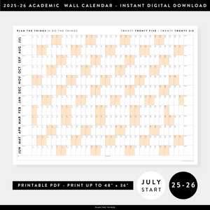PRINTABLE 2025 - 2026 ACADEMIC WALL CALENDAR (JULY START) | HORIZONTAL WITH ORANGE WEEKENDS - INSTANT DOWNLOAD