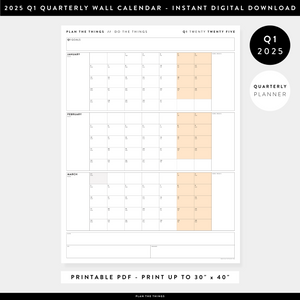 PRINTABLE Q1 (JANUARY - MARCH) 2025 QUARTERLY WALL CALENDAR (ORANGE) - INSTANT DOWNLOAD