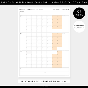 PRINTABLE Q2 (APRIL - JUNE) 2025 QUARTERLY WALL CALENDAR (ORANGE) - INSTANT PDF DOWNLOAD