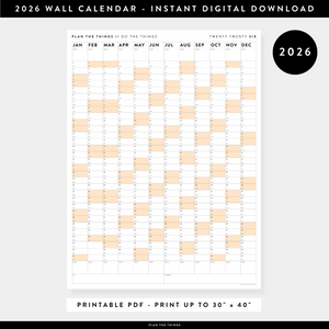 PRINTABLE VERTICAL 2026 WALL CALENDAR WITH ORANGE WEEKENDS - INSTANT DOWNLOAD