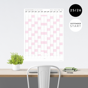 PRINTABLE 2025 - 2026 ACADEMIC WALL CALENDAR (SEPTEMBER START) | VERTICAL WITH PINK WEEKENDS - INSTANT DOWNLOAD