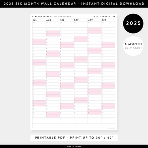 PRINTABLE SIX MONTH 2025 WALL CALENDAR (JULY TO DECEMBER) WITH PINK WEEKENDS - INSTANT DOWNLOAD
