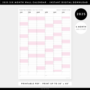 PRINTABLE SIX MONTH 2025 WALL CALENDAR (JANUARY TO JUNE) WITH PINK WEEKENDS - INSTANT DOWNLOAD