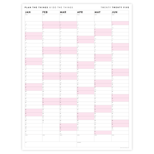 PRINTABLE SIX MONTH 2025 WALL CALENDAR (JANUARY TO JUNE) WITH PINK WEEKENDS - INSTANT DOWNLOAD