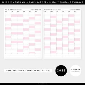PRINTABLE SIX MONTH 2025 WALL CALENDAR SET WITH PINK WEEKENDS - INSTANT DOWNLOAD