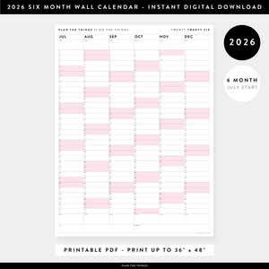 PRINTABLE SIX MONTH 2026 WALL CALENDAR (JULY TO DECEMBER) WITH PINK WEEKENDS - INSTANT DOWNLOAD