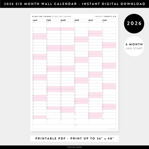 PRINTABLE SIX MONTH 2026 WALL CALENDAR (JANUARY TO JUNE) WITH PINK WEEKENDS - INSTANT DOWNLOAD