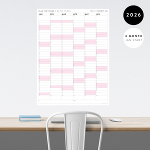 SIX MONTH 2026 GIANT WALL CALENDAR (JANUARY TO JUNE) WITH PINK WEEKENDS