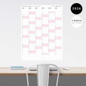 SIX MONTH 2026 GIANT WALL CALENDAR (JULY TO DECEMBER) WITH PINK WEEKENDS
