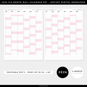 PRINTABLE SIX MONTH 2026 ACADEMIC YEAR WALL CALENDAR SET WITH PINK WEEKENDS - INSTANT DOWNLOAD