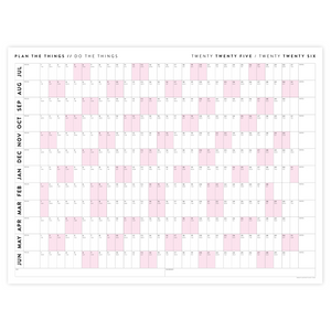 PRINTABLE 2025 - 2026 ACADEMIC WALL CALENDAR (JULY START) | HORIZONTAL WITH PINK WEEKENDS - INSTANT DOWNLOAD