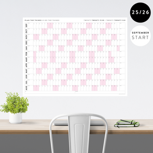 PRINTABLE 2025 - 2026 ACADEMIC WALL CALENDAR (SEPTEMBER START) | HORIZONTAL WITH PINK WEEKENDS - INSTANT DOWNLOAD