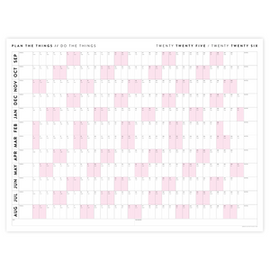 PRINTABLE 2025 - 2026 ACADEMIC WALL CALENDAR (SEPTEMBER START) | HORIZONTAL WITH PINK WEEKENDS - INSTANT DOWNLOAD