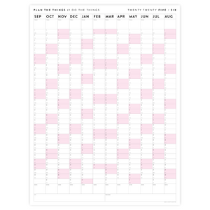 PRINTABLE 2025 - 2026 ACADEMIC WALL CALENDAR (SEPTEMBER START) | VERTICAL WITH PINK WEEKENDS - INSTANT DOWNLOAD