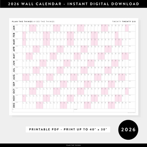 PRINTABLE 2026 HORIZONTAL WALL CALENDAR WITH PINK WEEKENDS - INSTANT DOWNLOAD