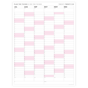 PRINTABLE SIX MONTH 2026 ACADEMIC YEAR WALL CALENDAR SET WITH PINK WEEKENDS - INSTANT DOWNLOAD