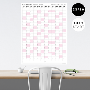 PRINTABLE 2025 - 2026 ACADEMIC WALL CALENDAR (JULY START) | VERTICAL WITH PINK WEEKENDS - INSTANT DOWNLOAD