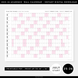 PRINTABLE 2025 - 2026 ACADEMIC WALL CALENDAR (JULY START) | HORIZONTAL WITH PINK WEEKENDS - INSTANT DOWNLOAD