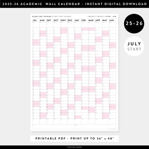 PRINTABLE 2025 - 2026 ACADEMIC WALL CALENDAR (JULY START) | VERTICAL WITH PINK WEEKENDS - INSTANT DOWNLOAD