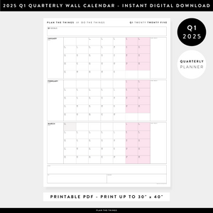 PRINTABLE Q1 (JANUARY - MARCH) 2025 QUARTERLY WALL CALENDAR (PINK) - INSTANT DOWNLOAD