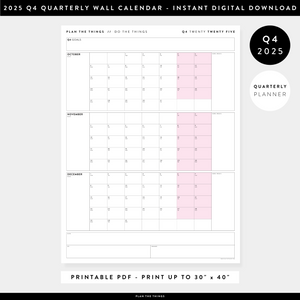 PRINTABLE Q4 (OCTOBER - DECEMBER) 2025 QUARTERLY WALL CALENDAR (PINK) - INSTANT PDF DOWNLOAD