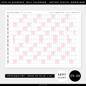 PRINTABLE 2025 - 2026 ACADEMIC WALL CALENDAR (SEPTEMBER START) | HORIZONTAL WITH PINK WEEKENDS - INSTANT DOWNLOAD
