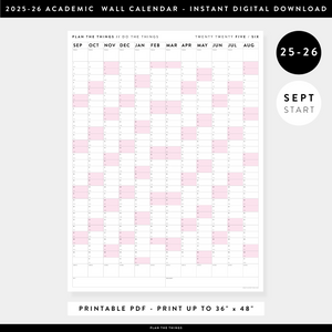 PRINTABLE 2025 - 2026 ACADEMIC WALL CALENDAR (SEPTEMBER START) | VERTICAL WITH PINK WEEKENDS - INSTANT DOWNLOAD