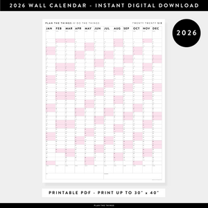 PRINTABLE VERTICAL 2026 WALL CALENDAR WITH PINK WEEKENDS - INSTANT DOWNLOAD
