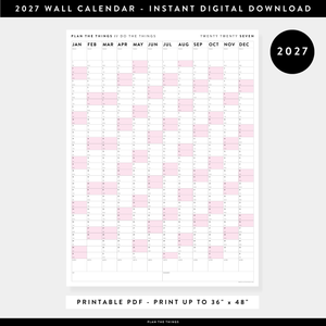 PRINTABLE VERTICAL 2027 WALL CALENDAR WITH PINK WEEKENDS - INSTANT DOWNLOAD