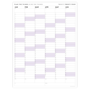 PRINTABLE SIX MONTH 2024 WALL CALENDAR (JANUARY TO JUNE) WITH PURPLE WEEKENDS - INSTANT DOWNLOAD