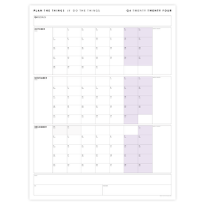 PRINTABLE Q4 (OCTOBER - DECEMBER) 2024 QUARTERLY WALL CALENDAR (PURPLE) - INSTANT PDF DOWNLOAD