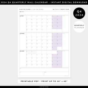PRINTABLE Q4 (OCTOBER - DECEMBER) 2024 QUARTERLY WALL CALENDAR (PURPLE) - INSTANT PDF DOWNLOAD