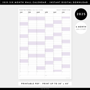 PRINTABLE SIX MONTH 2025 WALL CALENDAR (JANUARY TO JUNE) WITH PURPLE WEEKENDS - INSTANT DOWNLOAD