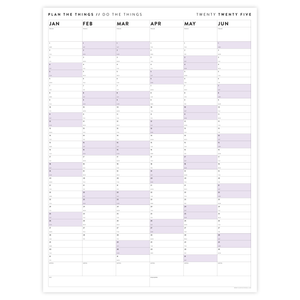 PRINTABLE SIX MONTH 2025 WALL CALENDAR SET WITH PURPLE WEEKENDS - INSTANT DOWNLOAD