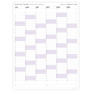 PRINTABLE SIX MONTH 2025 WALL CALENDAR SET WITH PURPLE WEEKENDS - INSTANT DOWNLOAD