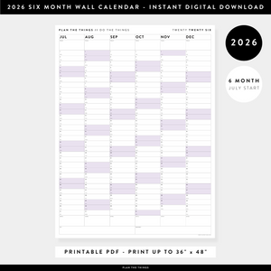 PRINTABLE SIX MONTH 2026 WALL CALENDAR (JULY TO DECEMBER) WITH PURPLE WEEKENDS - INSTANT DOWNLOAD