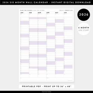 PRINTABLE SIX MONTH 2026 WALL CALENDAR (JANUARY TO JUNE) WITH PURPLE WEEKENDS - INSTANT DOWNLOAD