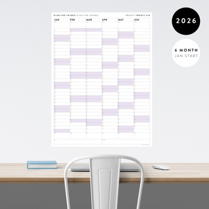 SIX MONTH 2026 GIANT WALL CALENDAR (JANUARY TO JUNE) WITH PURPLE WEEKENDS