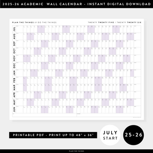 PRINTABLE 2025 - 2026 ACADEMIC WALL CALENDAR (JULY START) | HORIZONTAL WITH PURPLE WEEKENDS - INSTANT DOWNLOAD