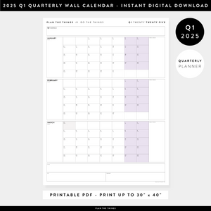 PRINTABLE Q1 (JANUARY - MARCH) 2025 QUARTERLY WALL CALENDAR (PURPLE) - INSTANT DOWNLOAD